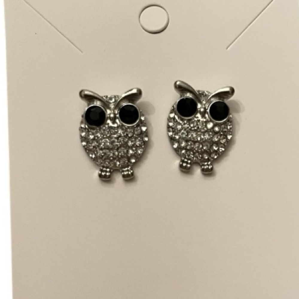 Whimsical Silver & Rhinestone Owl Pierced Earrings